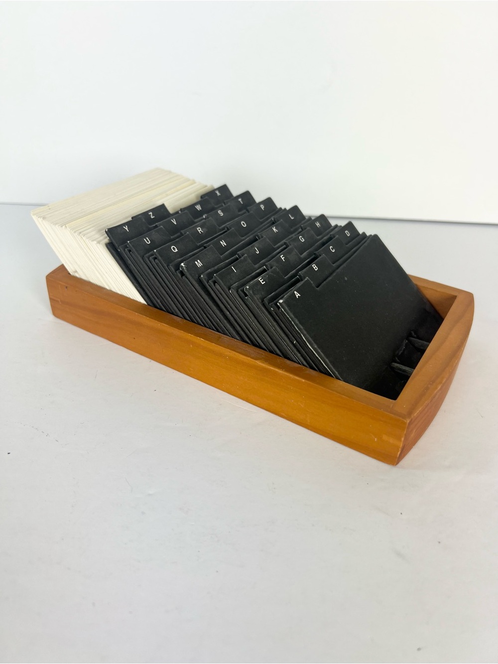 Vintage Index A-Z Card File Organizer Wooden Base Black Tabs Office Storage rolo